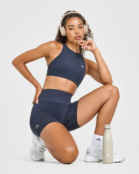 EasyLiftâ„¢ High Neck Sports Bra with White Logo | True Blue
