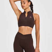 EasyLiftâ„¢ Zip High Neck Sports Bra with White Logo | 70% Cocoa