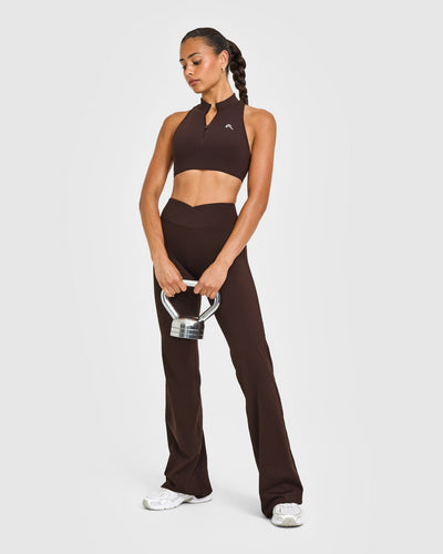 EasyLiftâ„¢ Zip High Neck Sports Bra with White Logo | 70% Cocoa