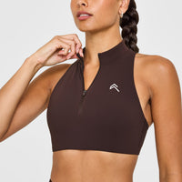 EasyLiftâ„¢ Zip High Neck Sports Bra with White Logo | 70% Cocoa