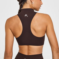 EasyLiftâ„¢ Zip High Neck Sports Bra with White Logo | 70% Cocoa