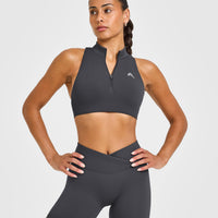 EasyLiftâ„¢ Zip High Neck Sports Bra with White Logo | Coal