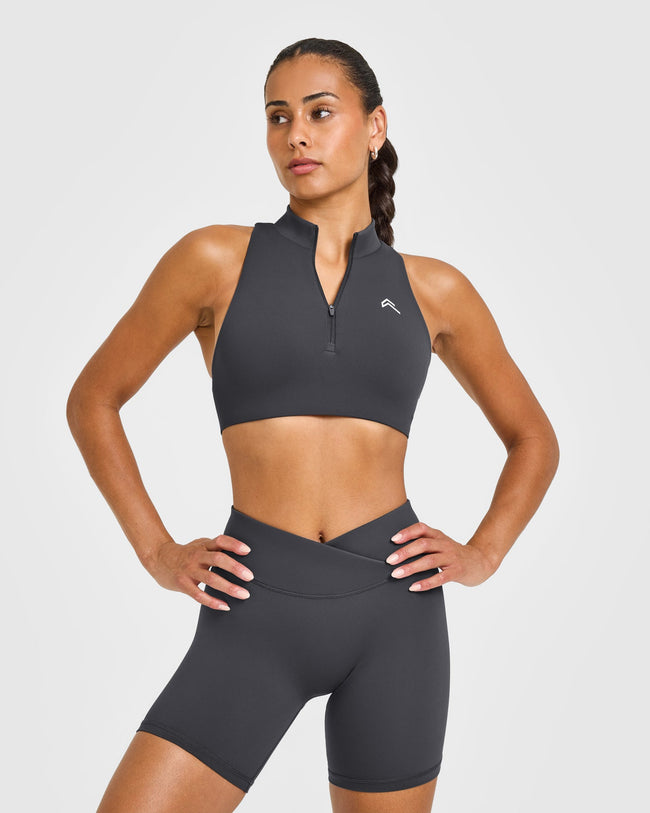 EasyLiftâ„¢ Zip High Neck Sports Bra with White Logo | Coal