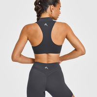 EasyLiftâ„¢ Zip High Neck Sports Bra with White Logo | Coal