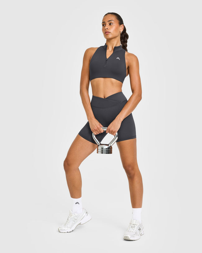 EasyLiftâ„¢ Zip High Neck Sports Bra with White Logo | Coal