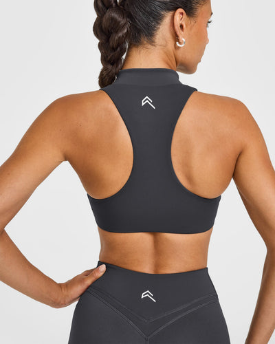 EasyLiftâ„¢ Zip High Neck Sports Bra with White Logo | Coal
