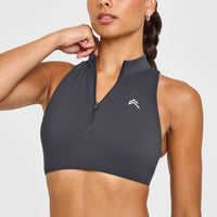 EasyLiftâ„¢ Zip High Neck Sports Bra with White Logo | Coal
