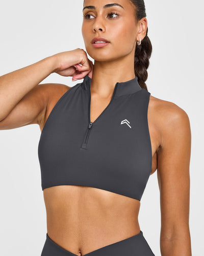 EasyLiftâ„¢ Zip High Neck Sports Bra with White Logo | Coal