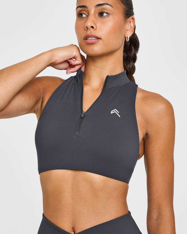 EasyLiftâ„¢ Zip High Neck Sports Bra with White Logo | Coal