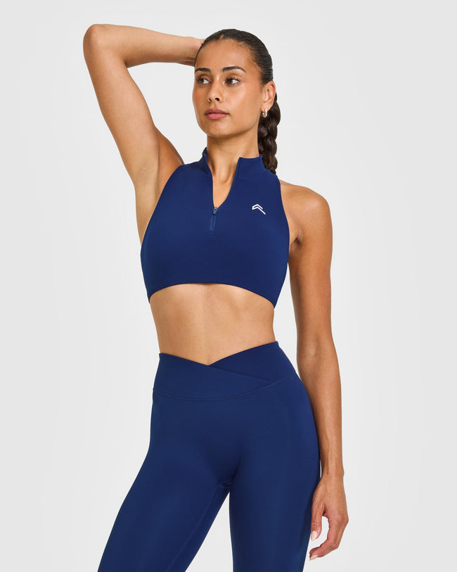 EasyLiftâ„¢ Zip High Neck Sports Bra with White Logo | Midnight
