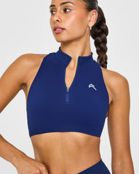 EasyLiftâ„¢ Zip High Neck Sports Bra with White Logo | Midnight