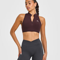 EasyLiftâ„¢ Zip High Neck Sports Bra with White Logo | Plum Brown