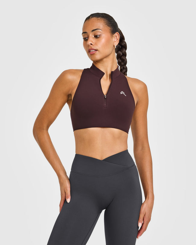 EasyLiftâ„¢ Zip High Neck Sports Bra with White Logo | Plum Brown