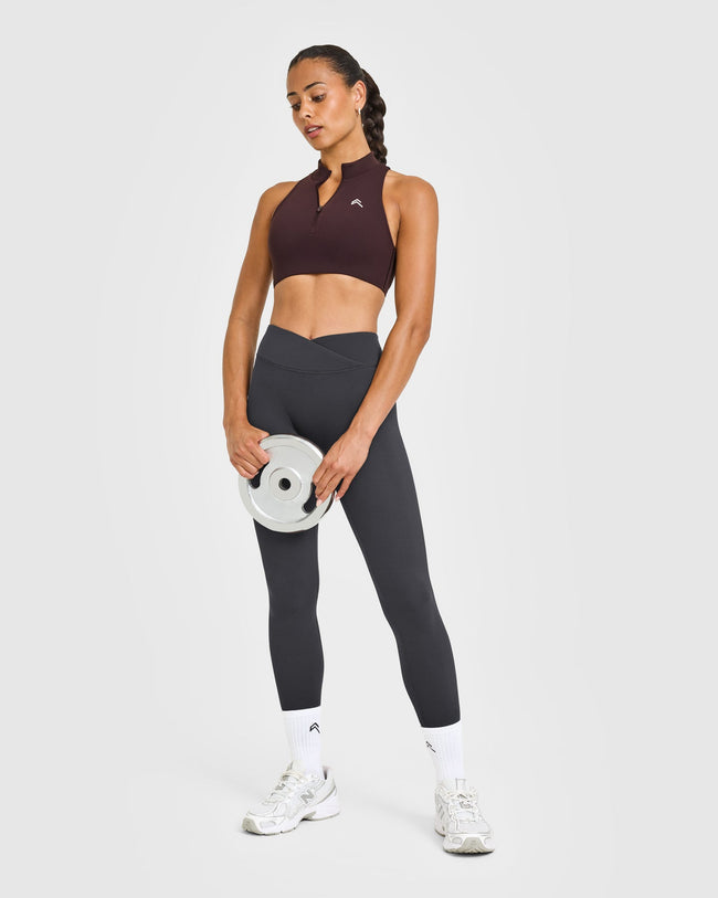 EasyLiftâ„¢ Zip High Neck Sports Bra with White Logo | Plum Brown