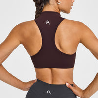 EasyLiftâ„¢ Zip High Neck Sports Bra with White Logo | Plum Brown