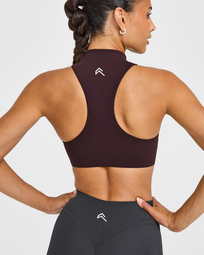 EasyLiftâ„¢ Zip High Neck Sports Bra with White Logo | Plum Brown