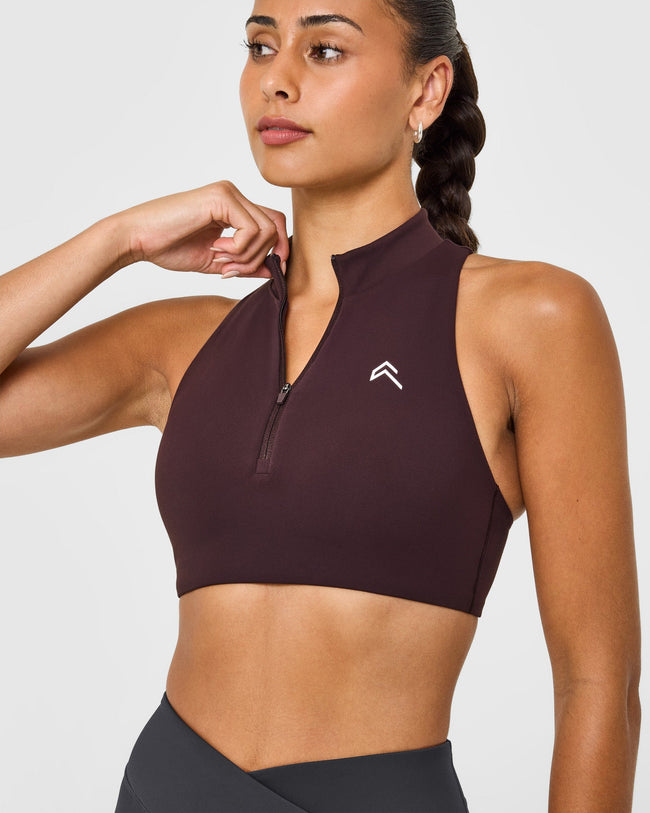 EasyLiftâ„¢ Zip High Neck Sports Bra with White Logo | Plum Brown