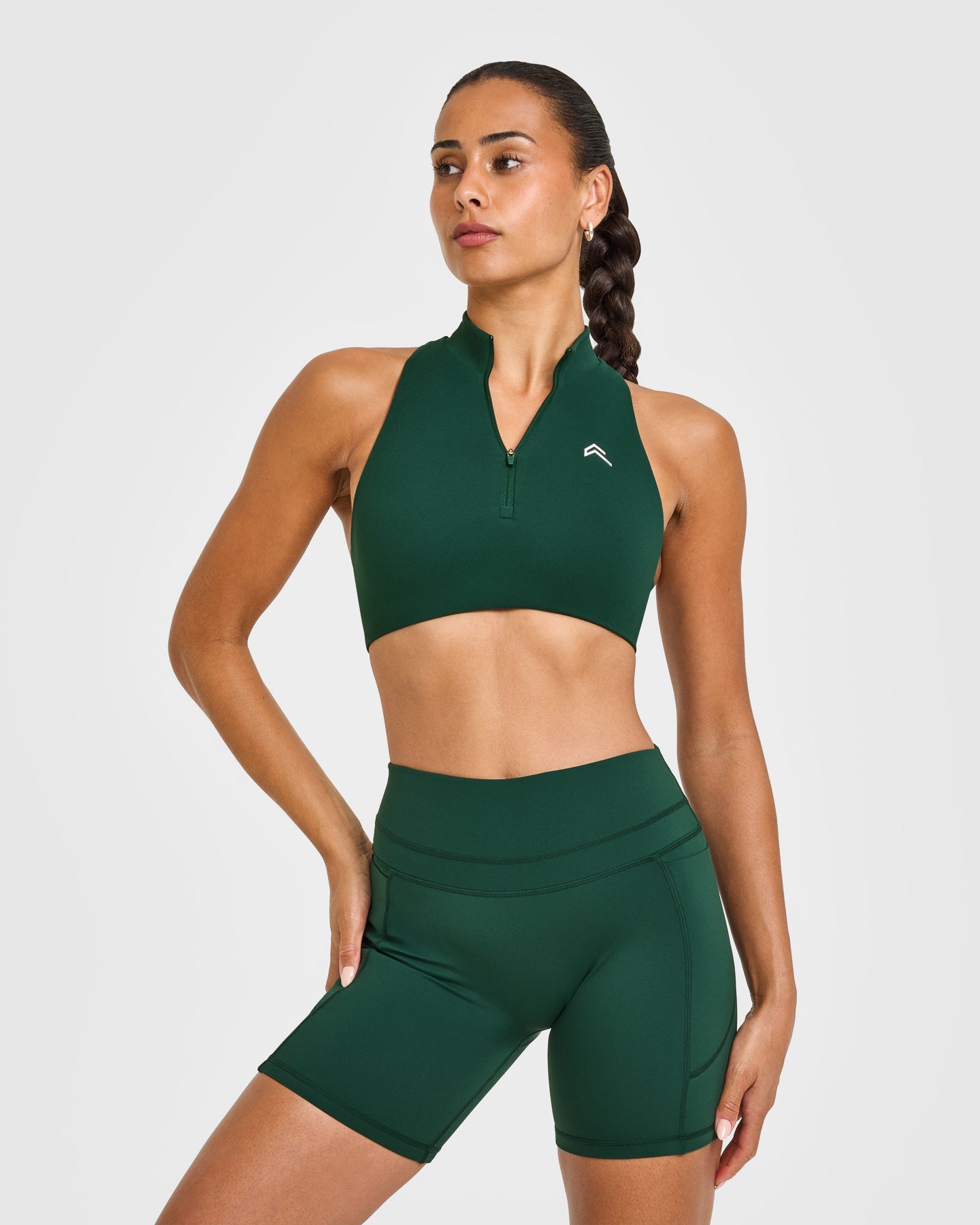 EasyLiftâ„¢ Zip High Neck Sports Bra with White Logo | Racing Green