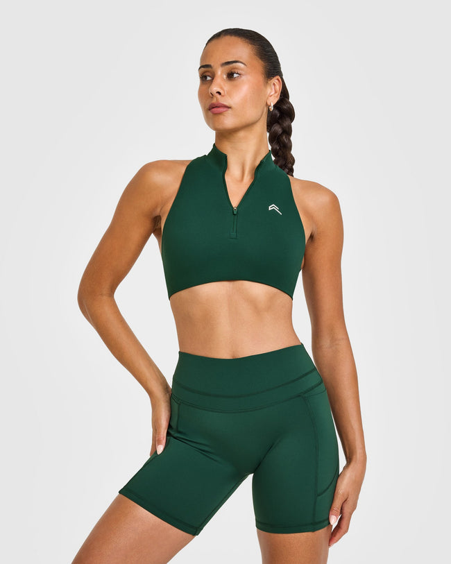 EasyLiftâ„¢ Zip High Neck Sports Bra with White Logo | Racing Green