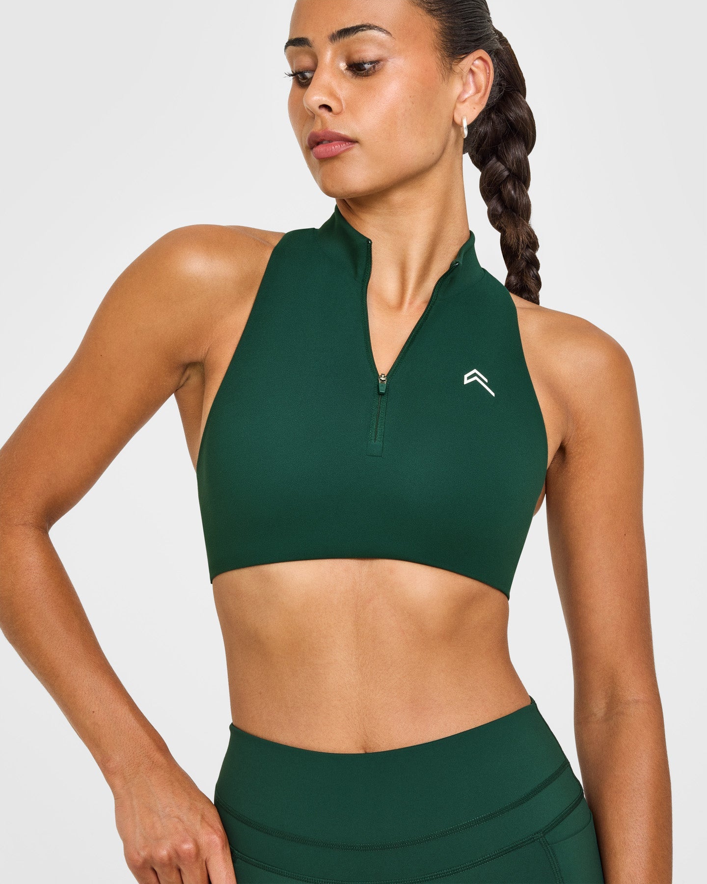 EasyLiftâ„¢ Zip High Neck Sports Bra with White Logo | Racing Green