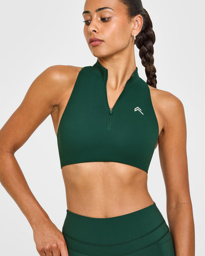 EasyLiftâ„¢ Zip High Neck Sports Bra with White Logo | Racing Green