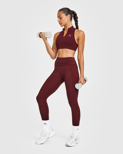 EasyLiftâ„¢ Zip High Neck Sports Bra with White Logo | Rosewood