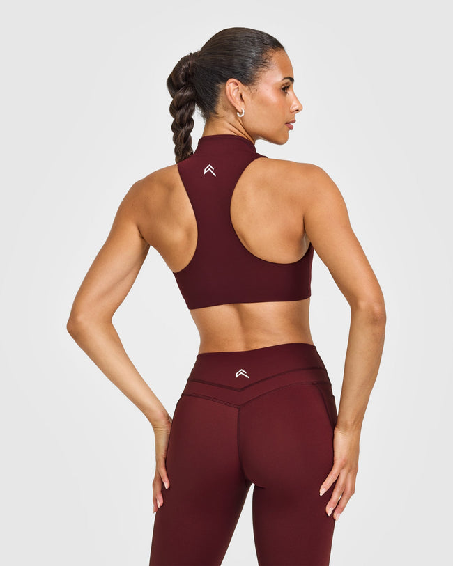 EasyLiftâ„¢ Zip High Neck Sports Bra with White Logo | Rosewood