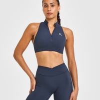 EasyLiftâ„¢ Zip High Neck Sports Bra with White Logo | True Blue