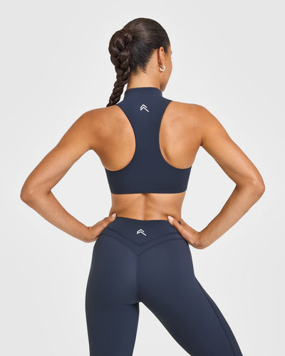 EasyLiftâ„¢ Zip High Neck Sports Bra with White Logo | True Blue
