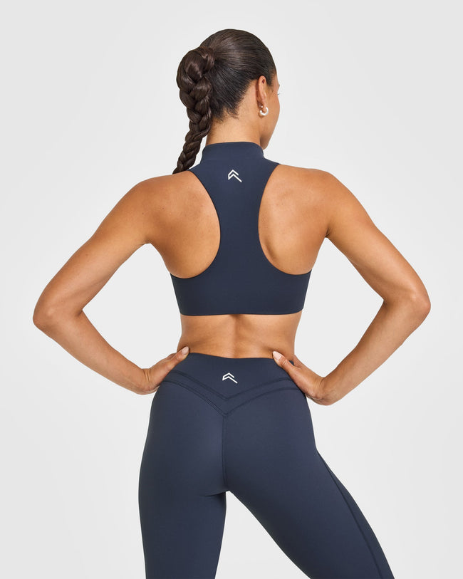 EasyLiftâ„¢ Zip High Neck Sports Bra with White Logo | True Blue