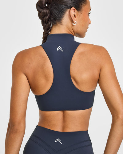 EasyLiftâ„¢ Zip High Neck Sports Bra with White Logo | True Blue