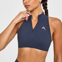 EasyLiftâ„¢ Zip High Neck Sports Bra with White Logo | True Blue
