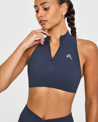 EasyLiftâ„¢ Zip High Neck Sports Bra with White Logo | True Blue