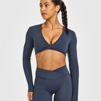 Unified Twist Front Long Sleeve Crop Top | True Blue