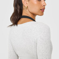 Mellow™ Rib V Neck Mid Long Sleeve Top | Light Grey Marl