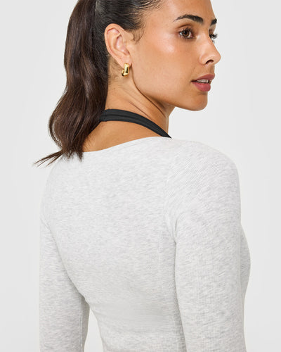 Mellow™ Rib V Neck Mid Long Sleeve Top | Light Grey Marl