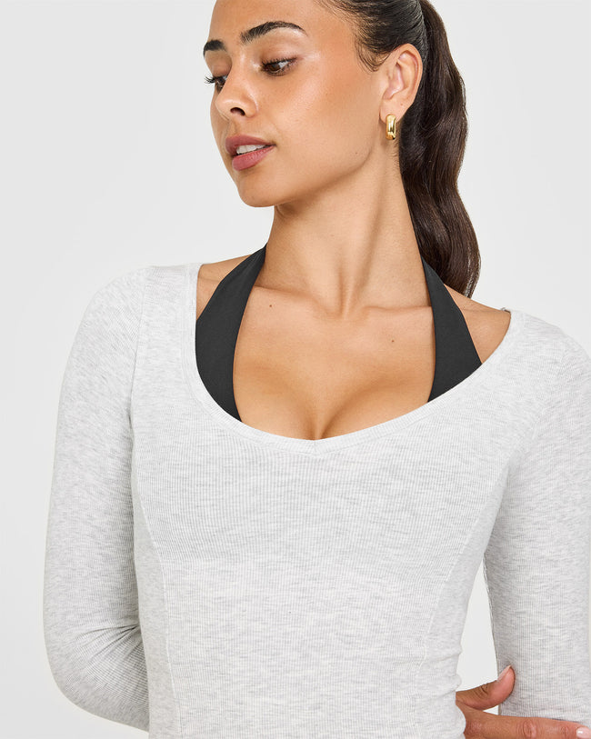 Mellow™ Rib V Neck Mid Long Sleeve Top | Light Grey Marl