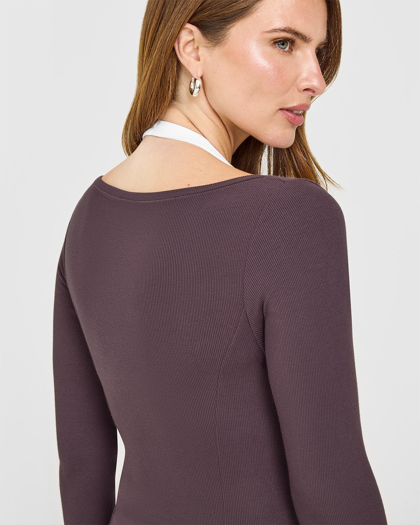 Mellow™ Rib V Neck Mid Long Sleeve Top | Umber Brown