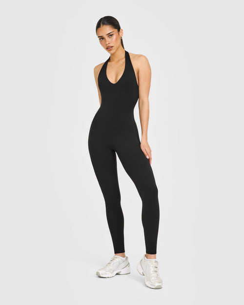 SoftMotionâ„¢ Halter Neck All In One Long with White Logo | Black