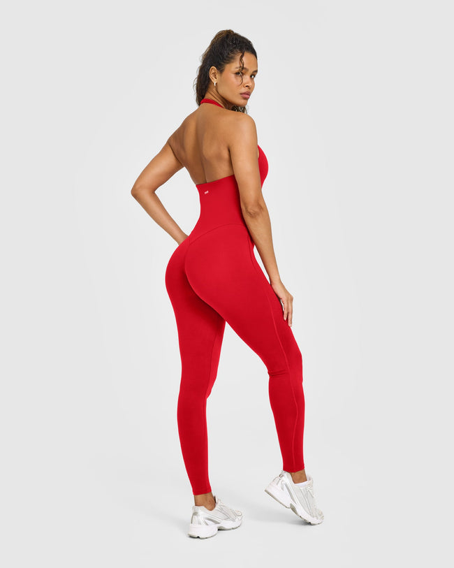 SoftMotion™ Halter Neck All In One Long with White Logo | Light Toasted Red