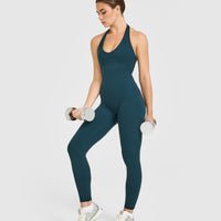 SoftMotion™ Halter Neck All In One Long with White Logo | Oil Blue