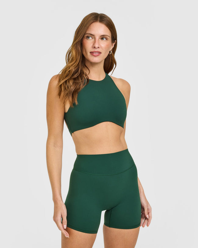 SoftMotion™ High Neck Sports Bra with White Logo | Dark Racing Green