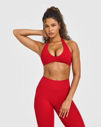 SoftMotion™ Minimal Halter Neck Bralette with White Logo | Light Toasted Red