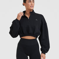 All Day Cosy Crop 1/4 Zip Sweatshirt | Black