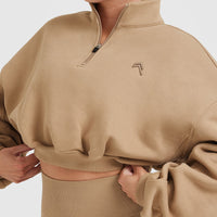 All Day Cosy Crop 1/4 Zip Sweatshirt | Dune Brown