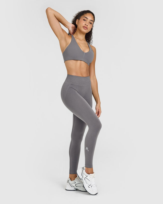 Effortless Seamless Leggings with White Logo | Ash Grey