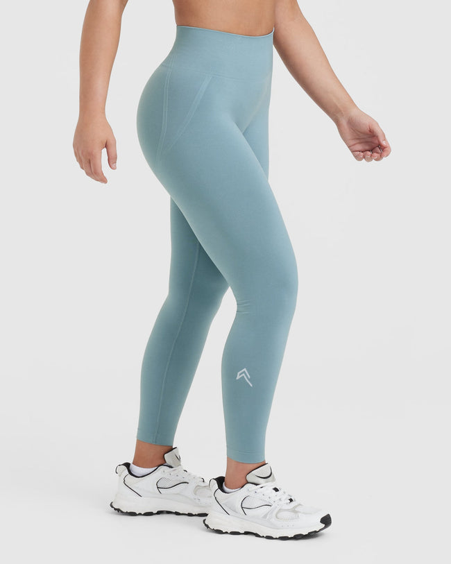 Effortless Seamless Leggings with White Logo | Steel Blue