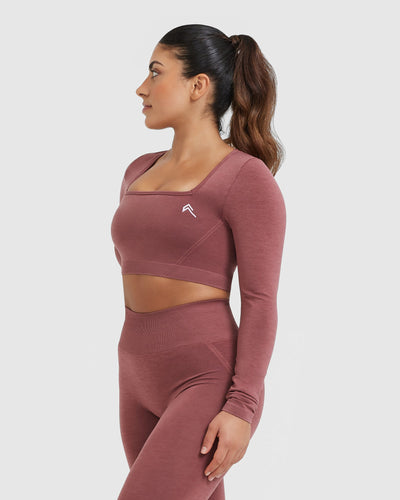 Effortless Square Neck Crop Long Sleeve Top with White Logo | Berry