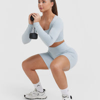 Effortless Square Neck Crop Long Sleeve Top with White Logo | Ice Blue