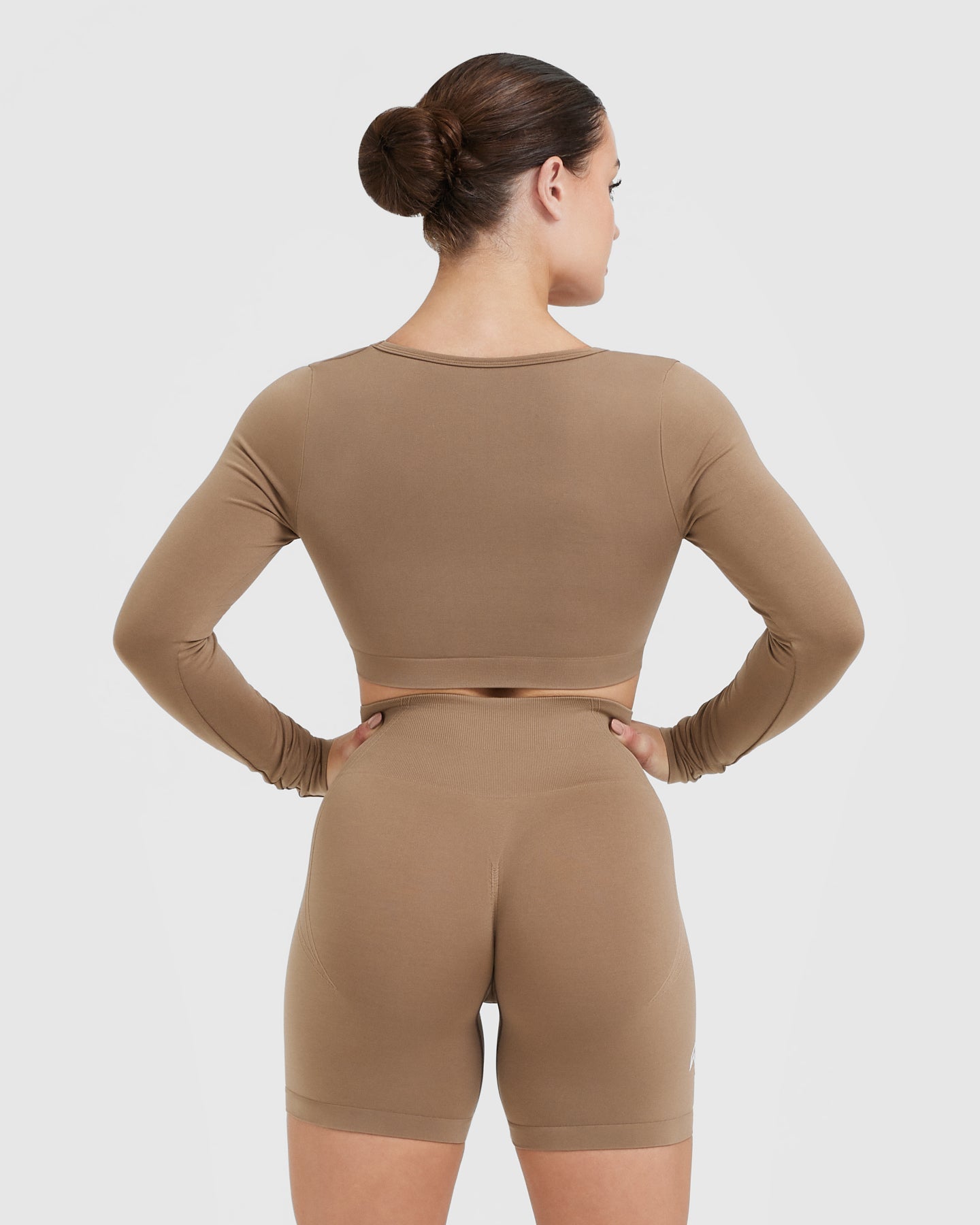 Effortless Square Neck Crop Long Sleeve Top with White Logo | Walnut